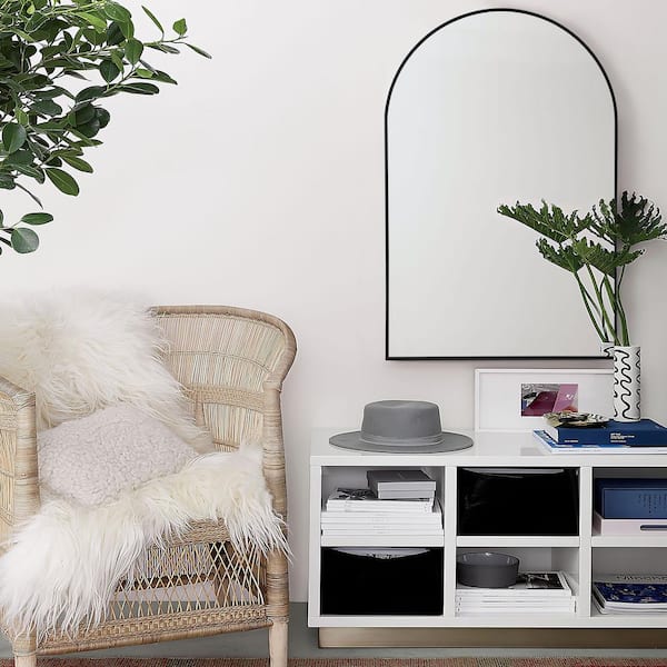 Modern 24 in. W x 36 in. H Arched Aluminum Alloy Framed Wall Mirror Vanity Mirror in Black