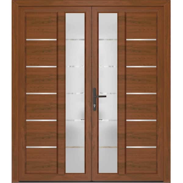 72 in. x 80 in. Right-hand/Inswing Frosted Glass Walnut Doouble Steel Prehung Front Door with Hardware