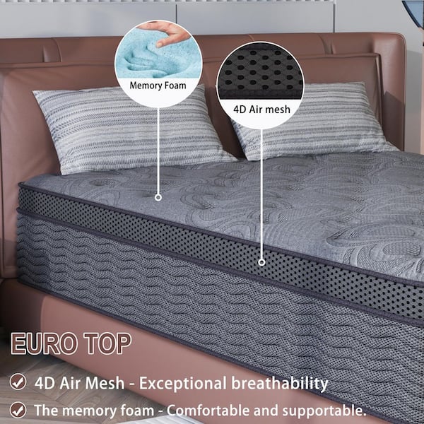Queen Medium Firm 14 in. Hybrid Cooling Gel Memory Foam Euro Top Mattress, Motion Isolation, and Bed-in-a-Box Mattress﻿