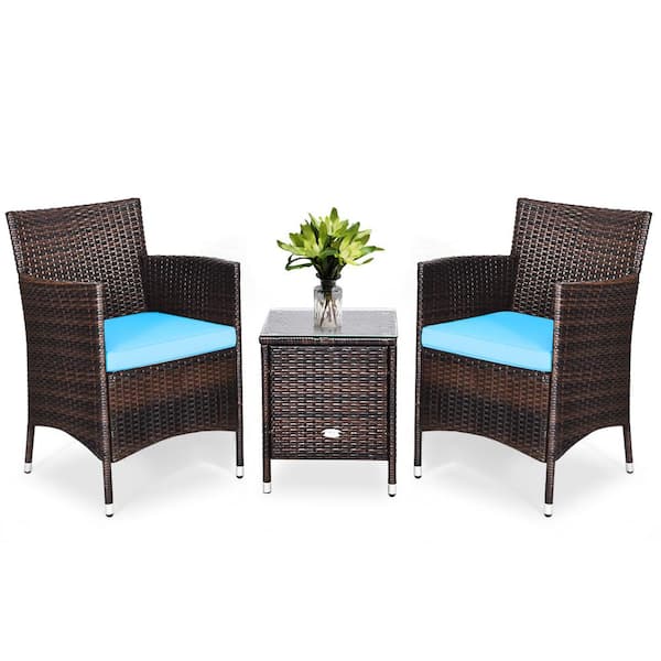 Unbranded 3-Piece PE Rattan Wicker Patio Conversation Set Outdoor Chairs and Coffee Table with Turquoise Cushion