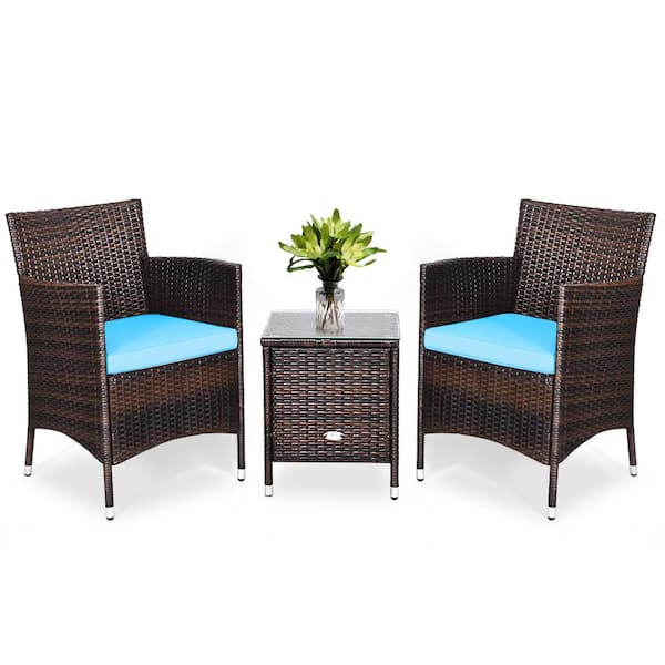 3 Piece Pe Rattan Wicker Patio Conversation Set Outdoor Chairs And Coffee Table With Turquoise Cushion Hw63850tu - Devoko Patio Porch Furniture Sets 3 Pieces