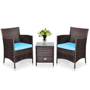 3-Piece PE Rattan Wicker Patio Conversation Set Outdoor Chairs and Coffee Table with Turquoise Cushion
