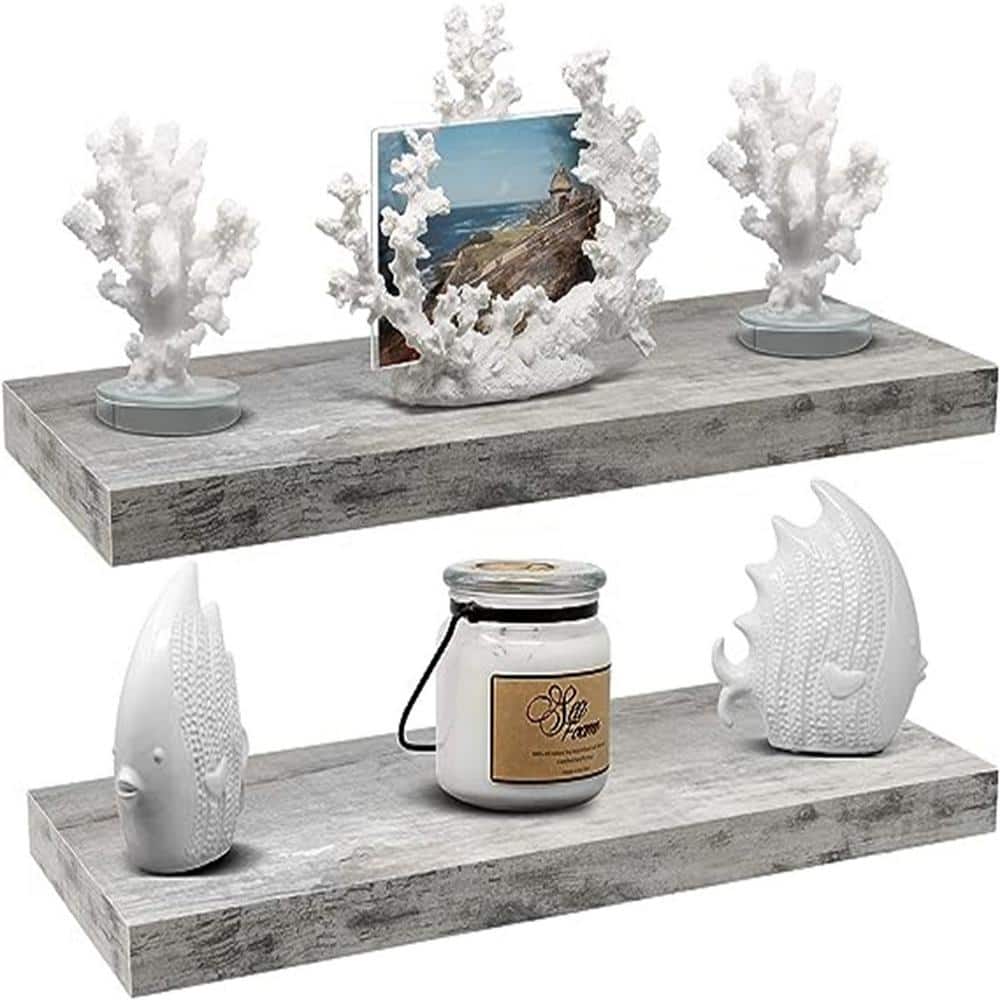 9.25 in. W x 24 in. D x 1.5 in.H Gray Wood DecorativeWall Shelves with Brac