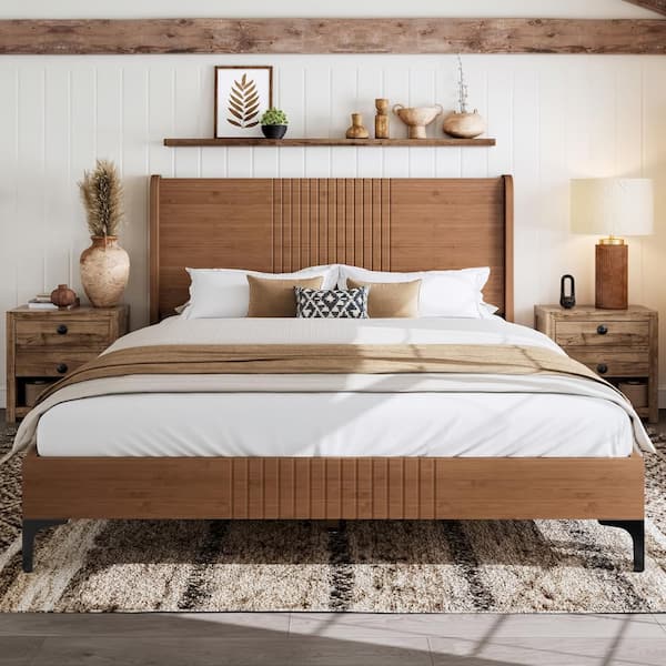 Brown Bamboo Frame Queen Size Platform Bed with Bamboo-Made Structure,Headboard,Round Corner Design