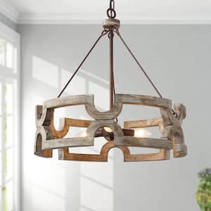 Modern Farmhouse Solid Wood Drum Island Chandelier 3-Light Rustic Brown Pendant Light for Dining Room Kitchen Entryway