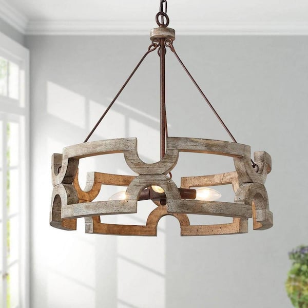 LNC Modern Farmhouse Solid Wood Drum Island Chandelier 3-Light Rustic Brown Pendant Light for Dining Room Kitchen Entryway