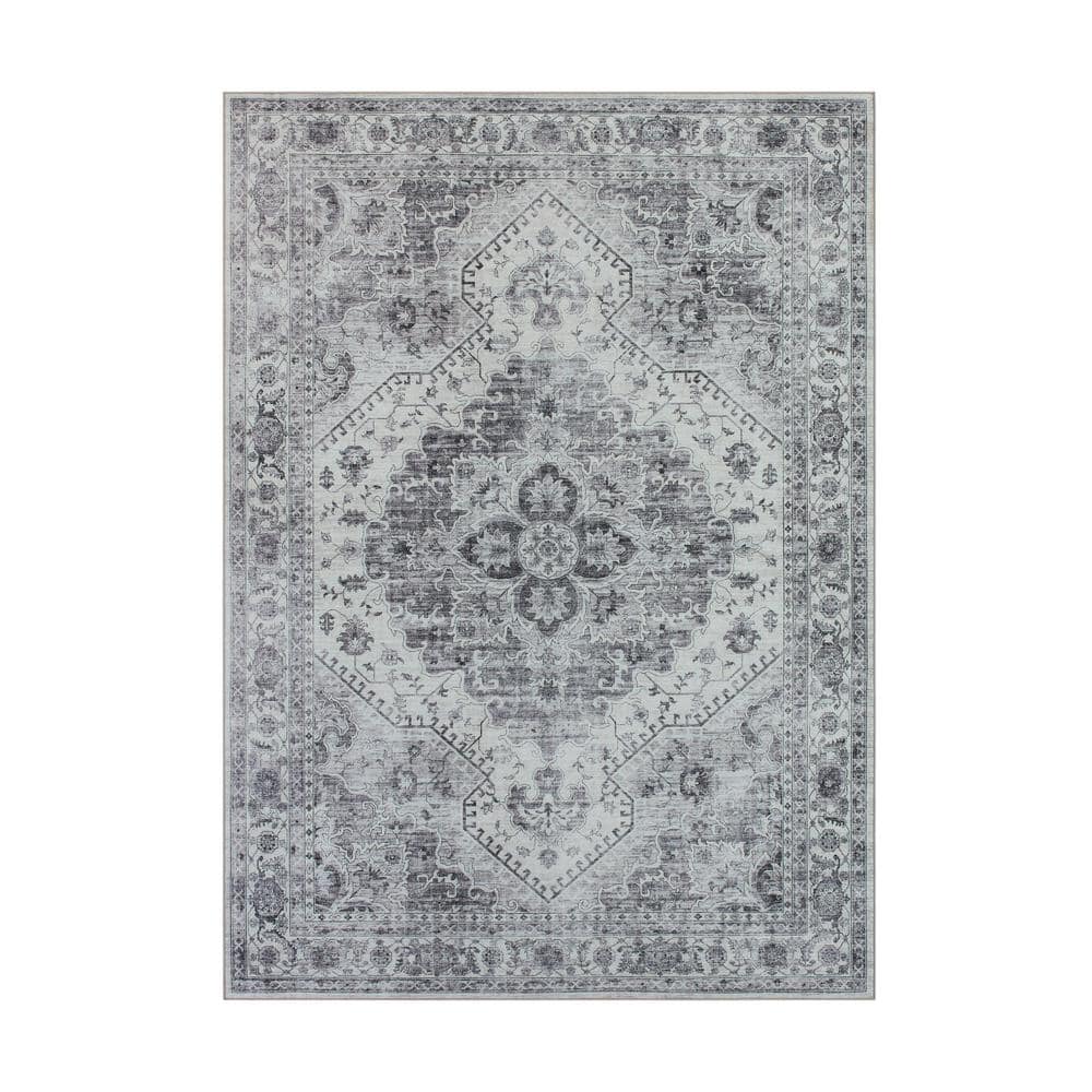 Light Grey Medallion Washable Skid-Resistant Area Rug  2  7.5  x 4  2