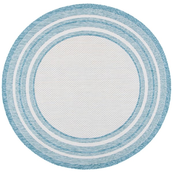 Courtyard Ivory/Aqua 10 ft. x 10 ft. Solid Color Striped Indoor/Outdoor Round Area Rug