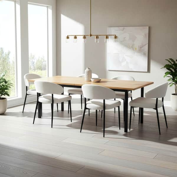 Ayoka Boucle Fabric with Black Iron Legs Dining Chair in White Set of 2-Included