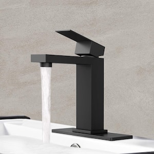 Single Handle Single Hole Rectangular Bathroom Faucet with Pop-up Drain and PEX supply line in Matte Black