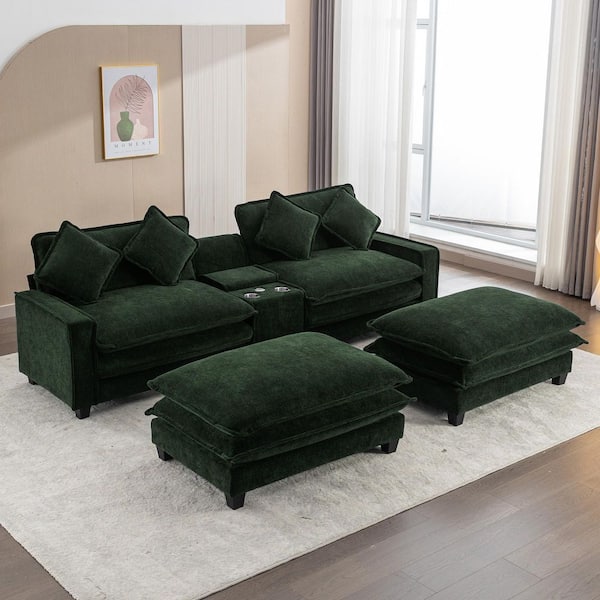 111 in. Chenille Modern Sectional Sofa in Green with 2 Removable Ottoman, USB Ports, Cup Holders and Storage Box
