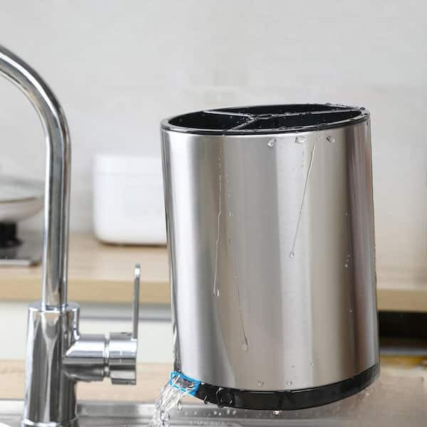 Silvery Stainless Steel Utensil Holder with 360° Rotating and Drainage Function for Counter Organizer, 3 Compartment