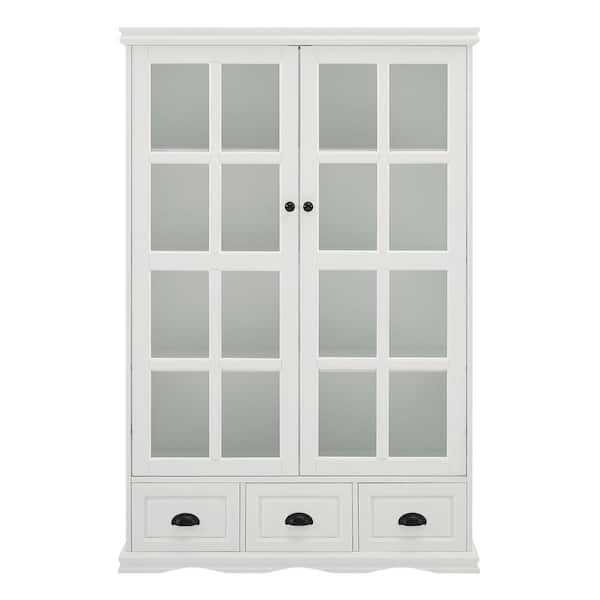IDEAGLE 40 in. W x 14 in. D x 60 in. H White Linen Cabinet with Tempered Glass Doors and 3-Drawers Display Cabinet Curio Cabinet