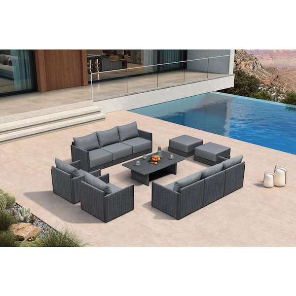11 Pieces Patio Conversation Sets with Coffee Table All Weather Outdoor Couch Sectional Set with Cushion Gray