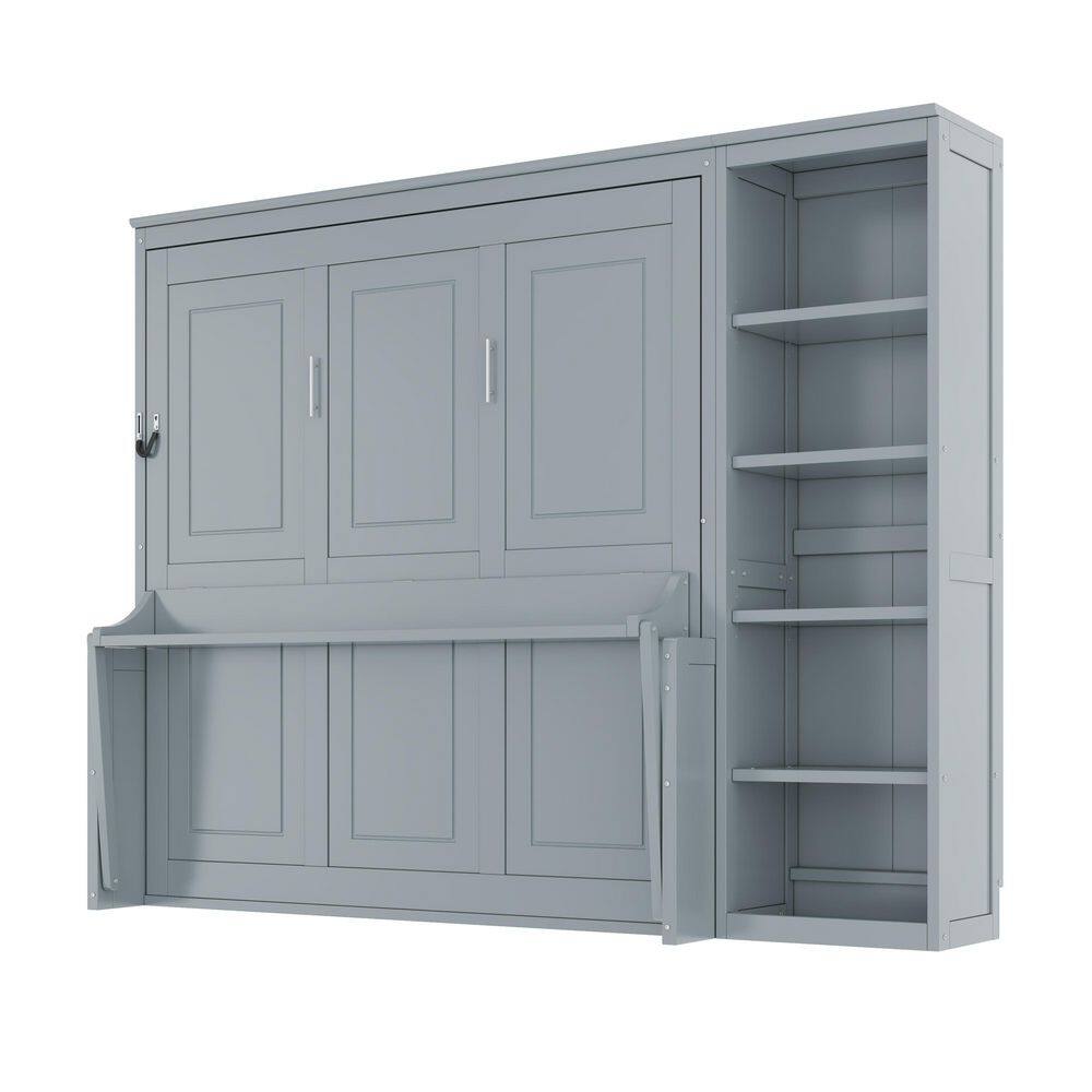 White Wood Frame Queen Size Murphy Bed Wall Bed with Integrated Desk and Storage Shelves - thumbnail 9