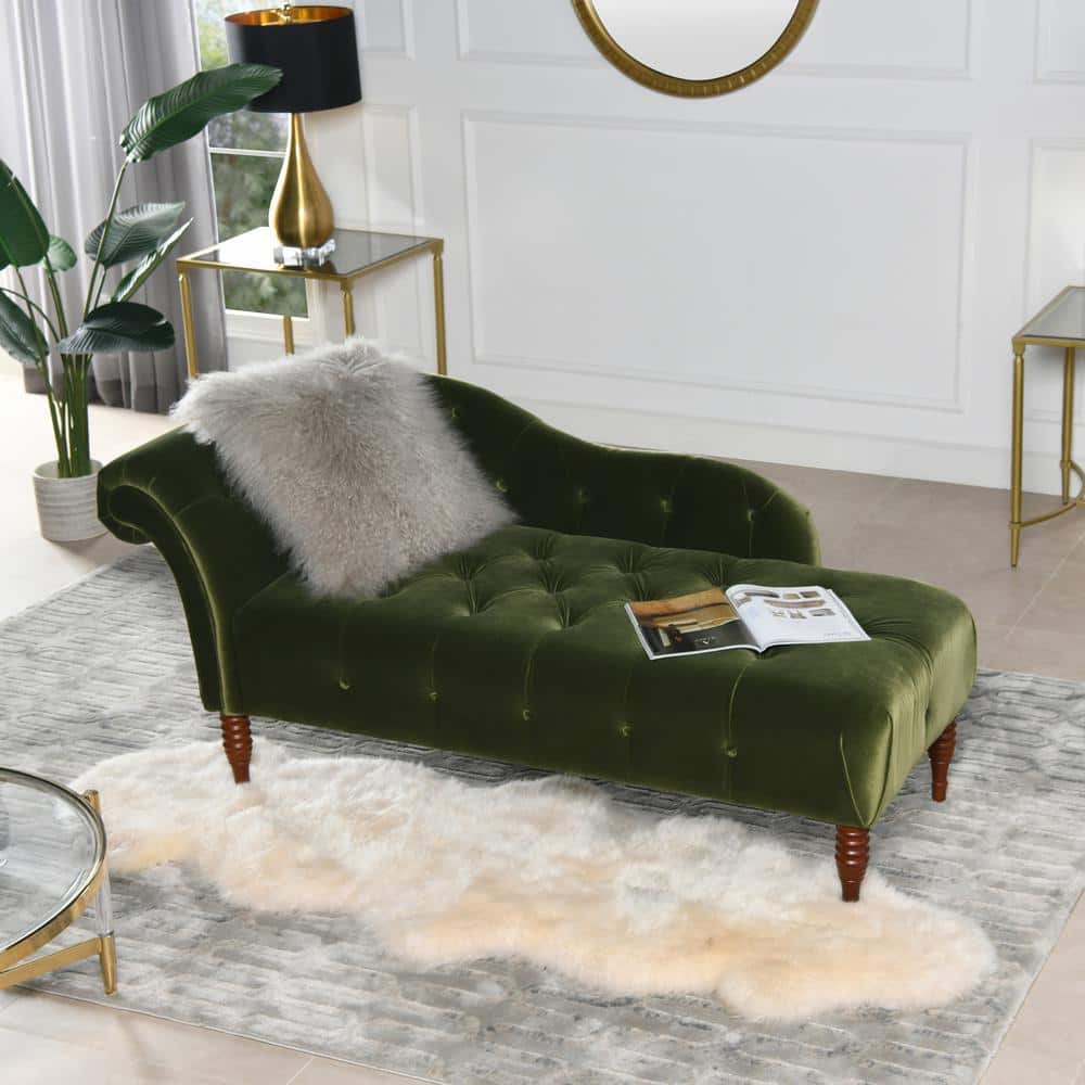 Olive Green Velvet Tufted Chaise Lounge with Wood Legs