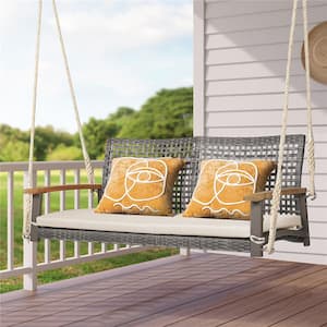 2-Person Patio Wood Wicker Hanging Swing Chair Loveseat Cushion Off White