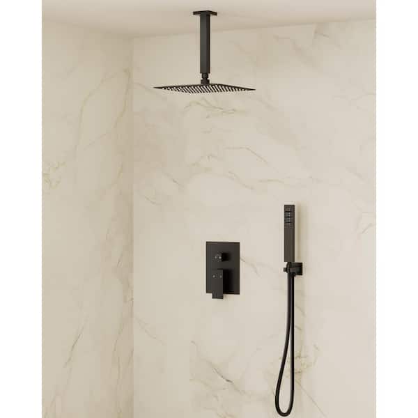 YAWWALK 2-Spray 10 in. Square Ceiling Mount Dual and Handheld Shower Head 2.5 GPM in Matte Black (Valve Included)