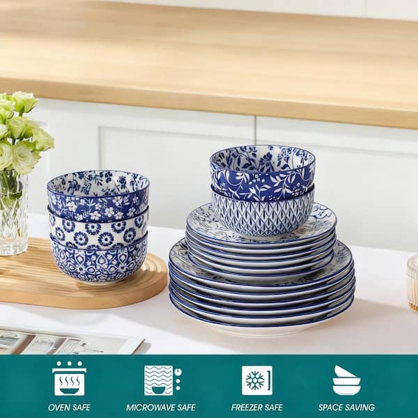 Numhew 18-Piece Blue Porcelain Dinnerware Sets, Plates and Bowls