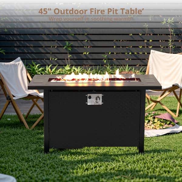 Yangming 45 in. Black Rectangle Metal Outdoor Fire Pit Table with Glass Wind Guard, 50000 BTU