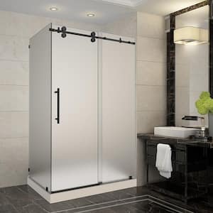 Langham 48 in. x 35 in. x 77.5 in. Frameless Sliding Shower Enclosure and Frosted in Oil Rubbed Bronze with Right Base