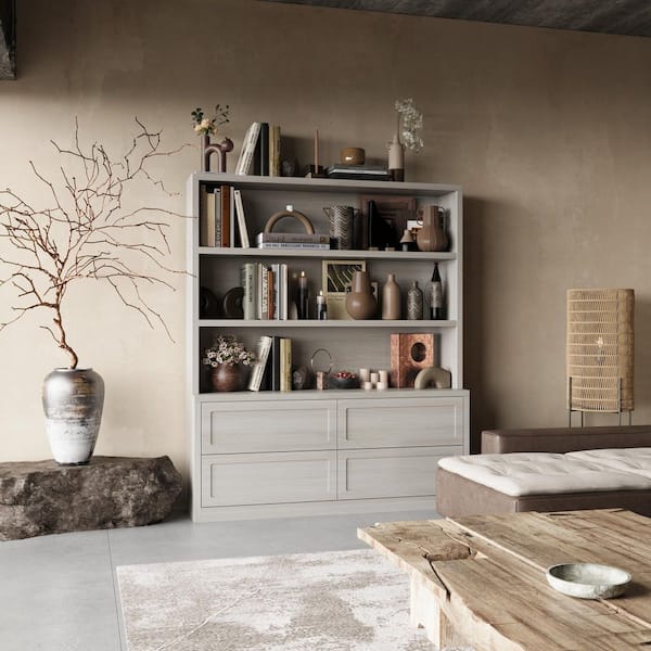 74.6 in. Tall Beige Wood Grain Wood 3-Shelf Accent Bookcase, Storage Cabinet with 4-Drawers