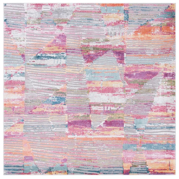 Porcello 7 ft. x 7 ft. Red/Blue Distressed Geometric Square Area Rug