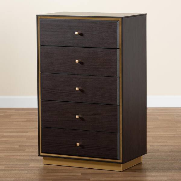Baxton Studio Cormac 5 Drawer Dark Brown and Gold Chest of Drawers