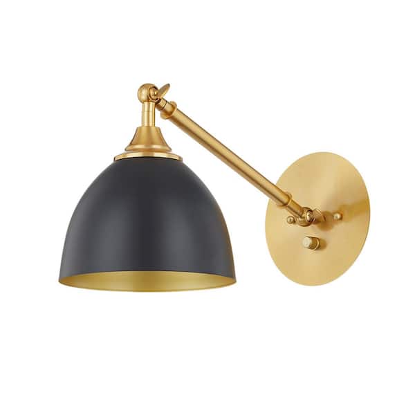 Home Decorators Collection Frolynn 7 in. 1-Light Aged Brass Wall Sconce with Matte Black Metal Shade