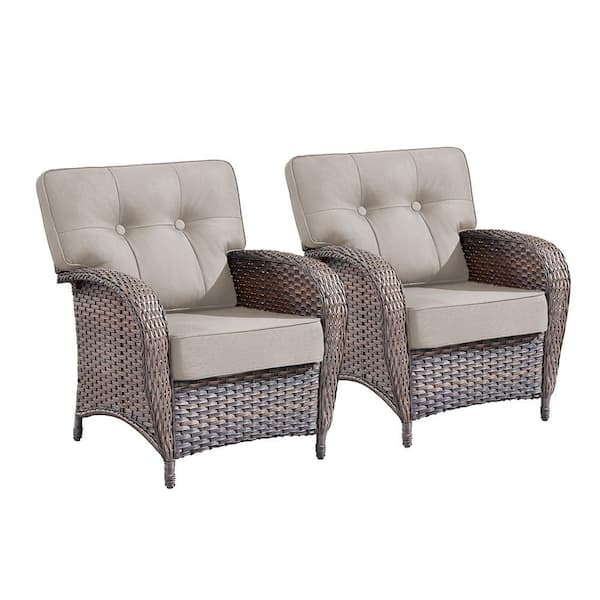Modern Seaside Series 2-Piece Patio Wicker Outdoor Lounge Chair with Beige Cushions