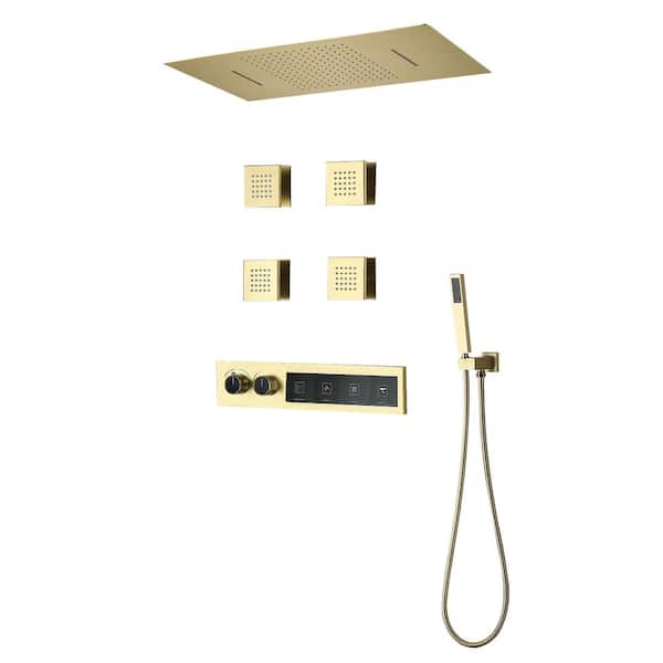 WELLFOR 1.59 GPM 4-Spray Dual Ceiling Mount Shower Head and Handheld Shower Head in Brushed Gold Thermostatic Value with 4 Jet