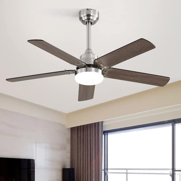 GlowAir 42 in. Brushed Nickel Housing and Black Blade Downrod Mount Standard Ceiling Fan with Integrated LED and Remote