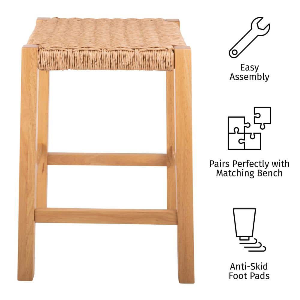 Natural Wood Backless Counter Stool with Woven Seagrass Seat
