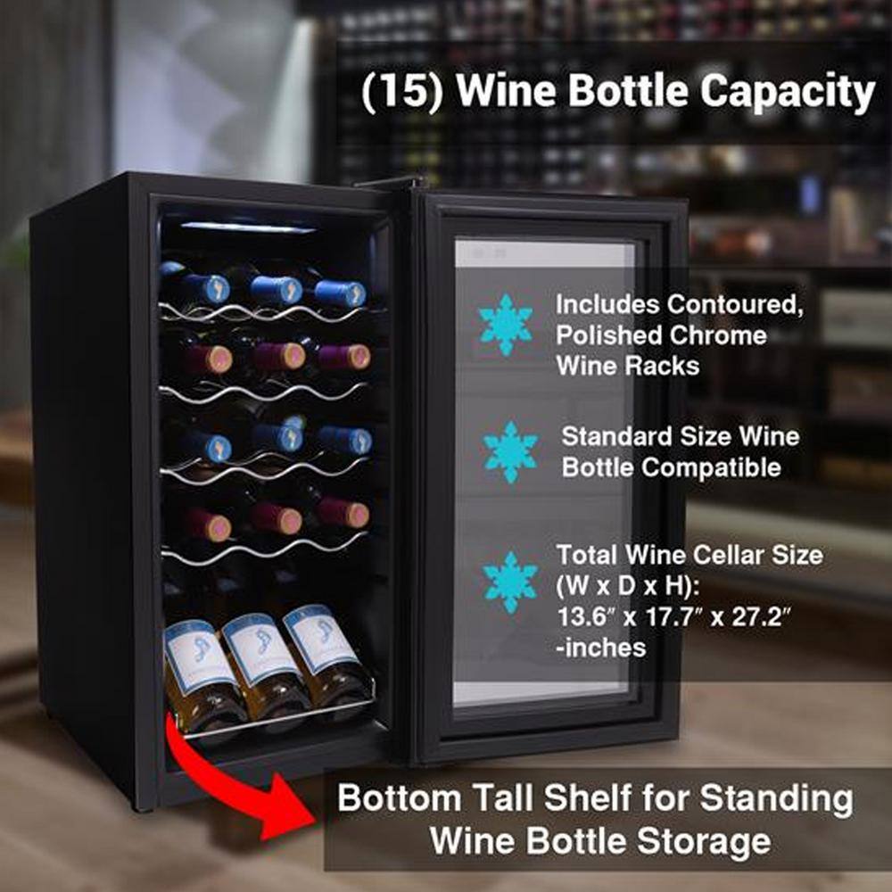 NutriChef 15 Bottle Black Thermoelectric Wine Cooler with Glass Door