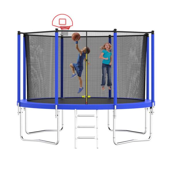 Unbranded Outdoor 12 ft. Metal Trampoline with Basketball Board and Ball and Enclosure Net for Yard Outdoor Blue