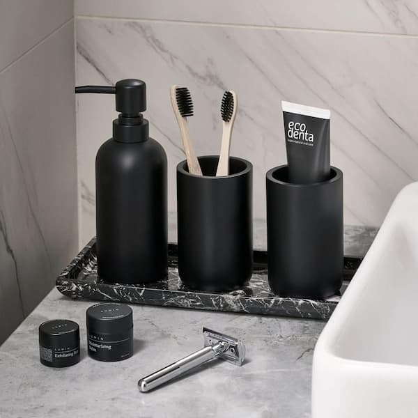Dracelo 4-Piece Bathroom Accessory Set with Toothbrush Holder, Vanity Tray, Soap Dispenser, Qtip Holder in. White