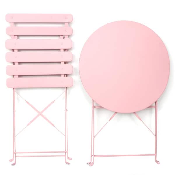 本物の Pink 3-Piece Metal Folding Round Outdoor Bistro Set with フラワー・リース