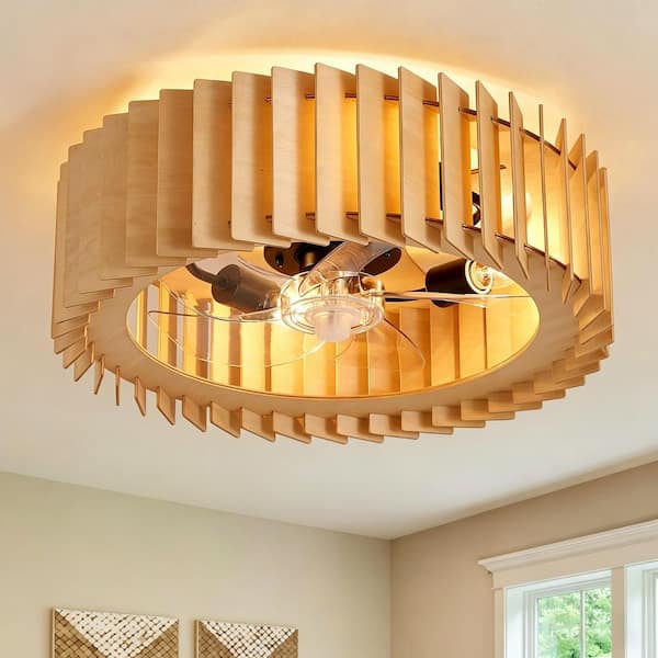 JUSHENG 19 in. Natural Wood Flush Mount Ceiling Fan with Light