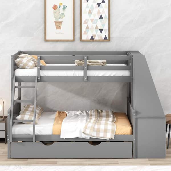 Gray Twin over Full Bunk Bed with Trundle and Built-in Desk