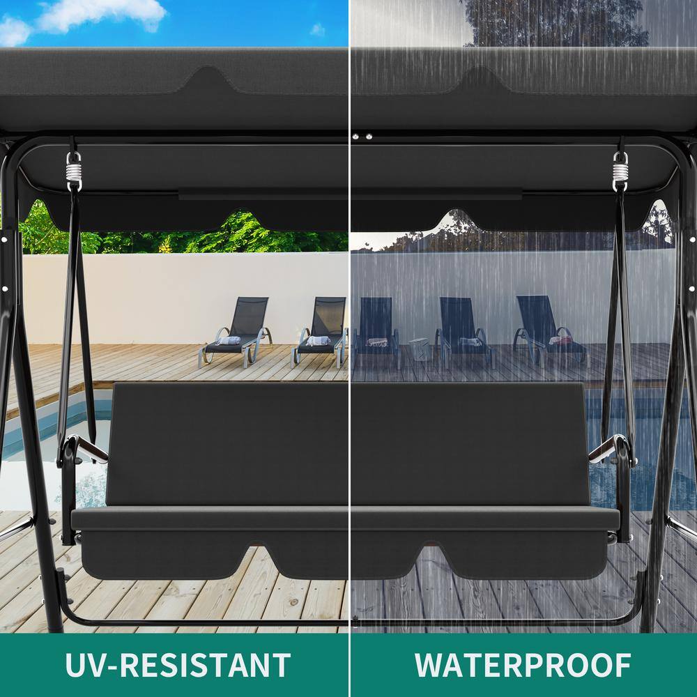 Black Powder Coated Steel 3-Person Outdoor Patio Swing with Adjustable Canopy
