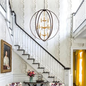 Newlyn 12-Light Brown Aged Brass Candle Globe Cage Industrial Tiered Large Chandelier for Living Room