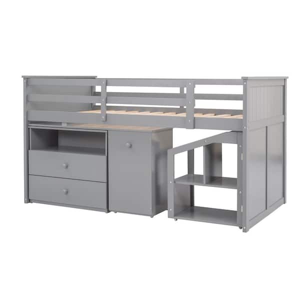 STICKON Gray Twin Low Study Loft Bed With Storage and Desk
