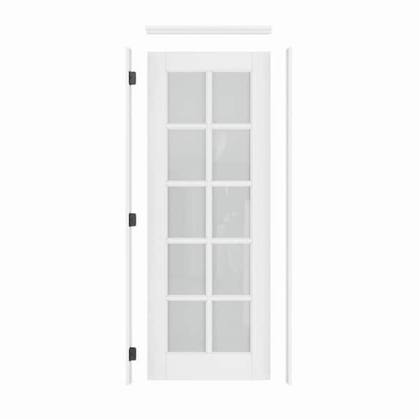 32 in. x 80 in. 10-Lite Frosted Glass Right-Hand White Solid Core Wood Single Prehung Interior Door+ Quick Assemble Jamb