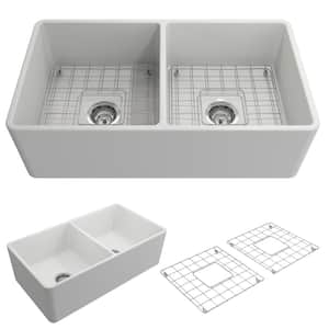 Classico Farmhouse Apron Front Fireclay 33 in. Double Bowl Kitchen Sink with Bottom Grid and Strainer in Matte White