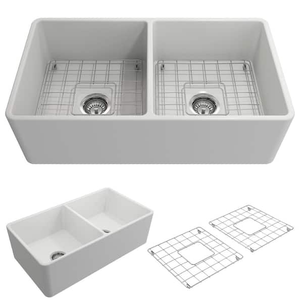 BOCCHI Classico Farmhouse Apron Front Fireclay 33 in. Double Bowl Kitchen Sink with Bottom Grid and Strainer in Matte White