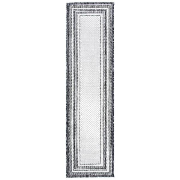 Courtyard Ivory/Black 2 ft. x 14 ft. Solid Color Striped Indoor/Outdoor Runner Rug