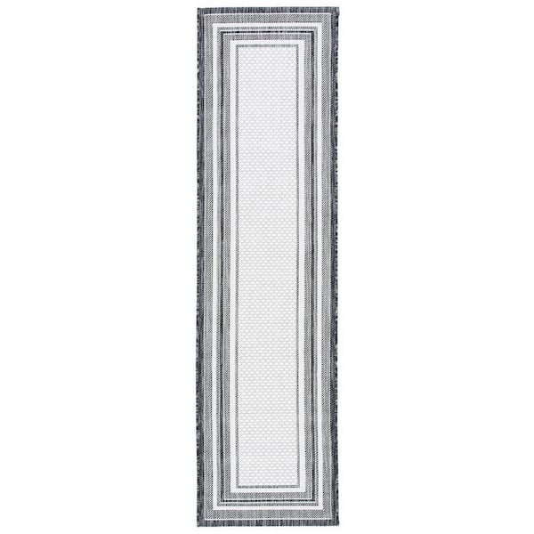 Courtyard Ivory/Black 2 ft. x 16 ft. Solid Color Striped Indoor/Outdoor Runner Rug