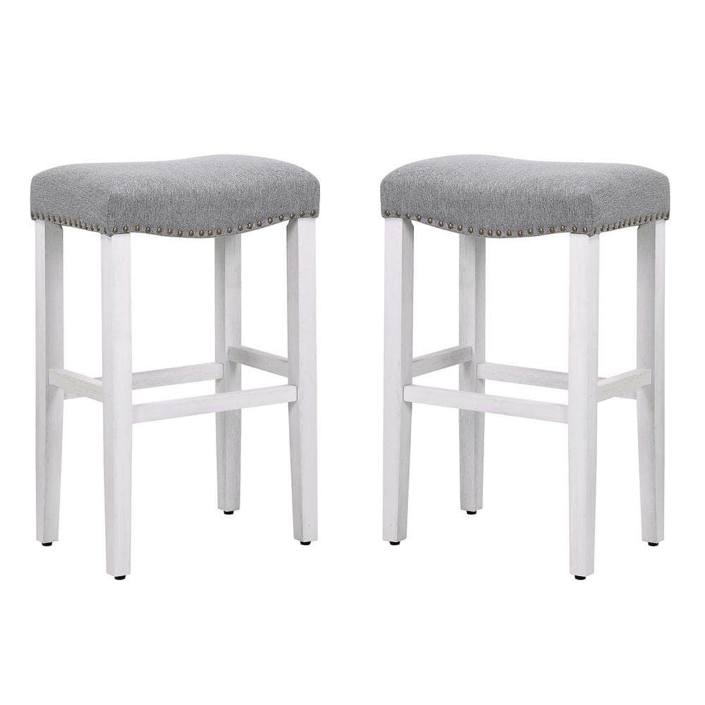 29" Antique White and Gray Upholstered Saddle Seat Counter Stool