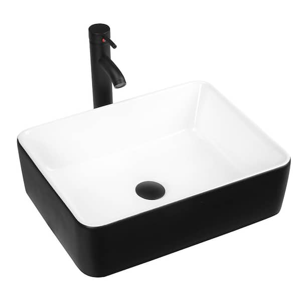 TOOLKISS 18.9 in. Ceramic Rectangular Vessel Sink in Black with Faucet