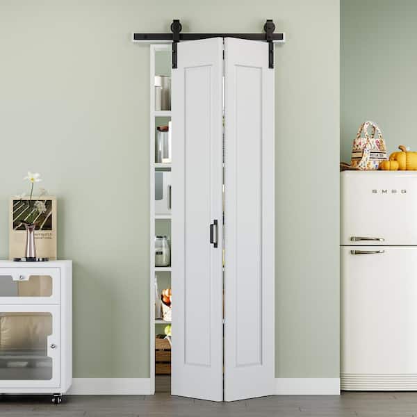 32 in. x 84 in. Paneled 1-Lite White Primed MDF Composite Bi-fold Sliding Barn Door with Hardware Kit and Handle